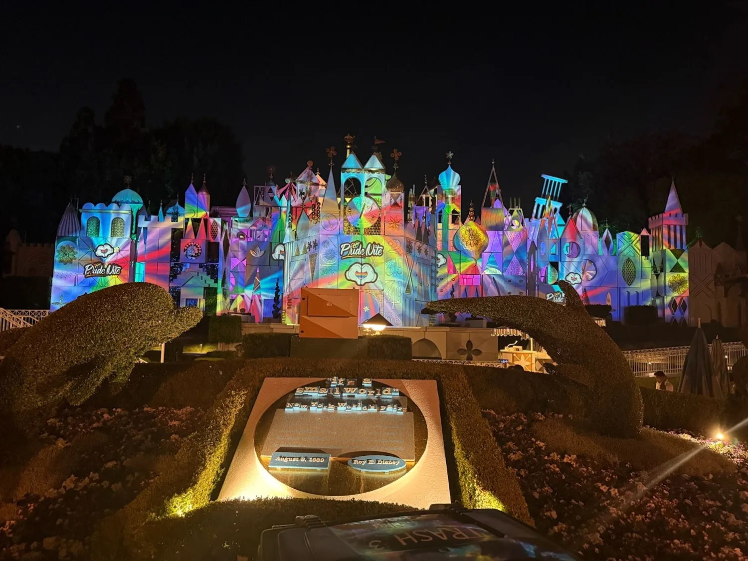 Disneyland's it's a small world attraction lit up for Pride Nite